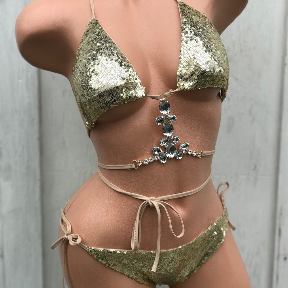 Gold sequin crystal rhinestone bikini festival swimsuit Vegas costume rave club